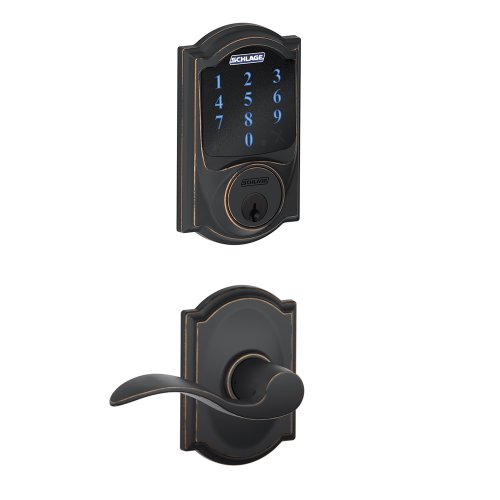Schlage Connect FBE469NX ACC 716 CAM Touchscreen Deadbolt with Built-In Alarm with Camelot trim paired with Accent Passage Lever Camelot trim, Aged Bronze